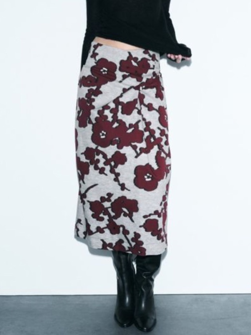 Zara Studio Limited Edition Draped Wrap Front Grey Floral Midi Skirt Medium